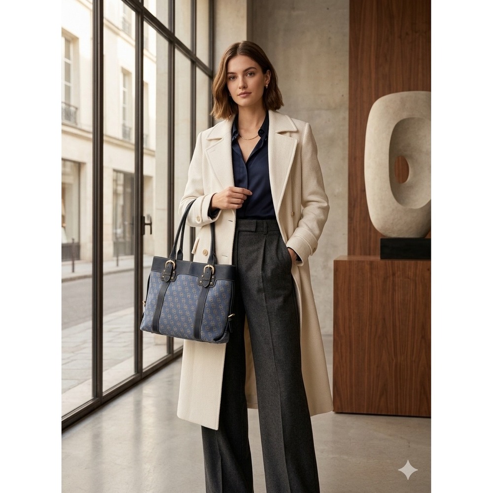 Dooney & Bourke Monogram Denim Leather Tote Bag Blue Navy Gold Buckle J8394132
